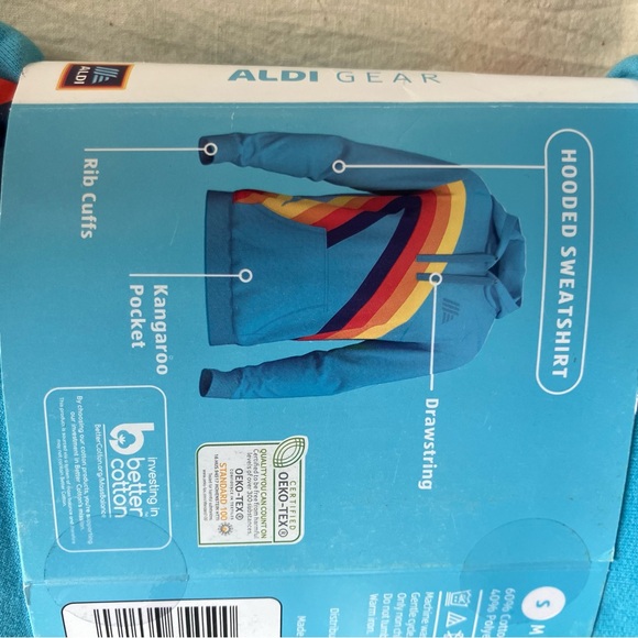 Aldi Gear Hoodie Small Blue Pullover Graphic Sweatshirt Cozy Soft Rainbow NEW - Picture 1 of 3